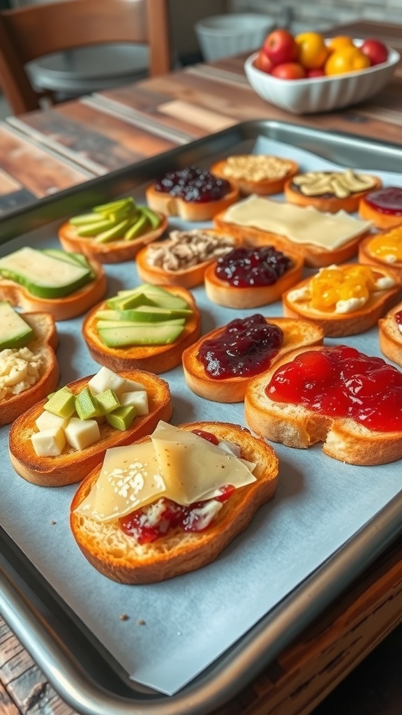 Crispy oven toast slices topped with avocado, jam, and cheese on a baking sheet.
